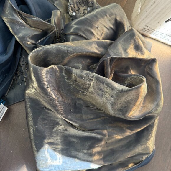 Sue Wong Scarf Dress Metallic Shiny Green Gray Shawl Hand Beaded Large #1 - Picture 15 of 16